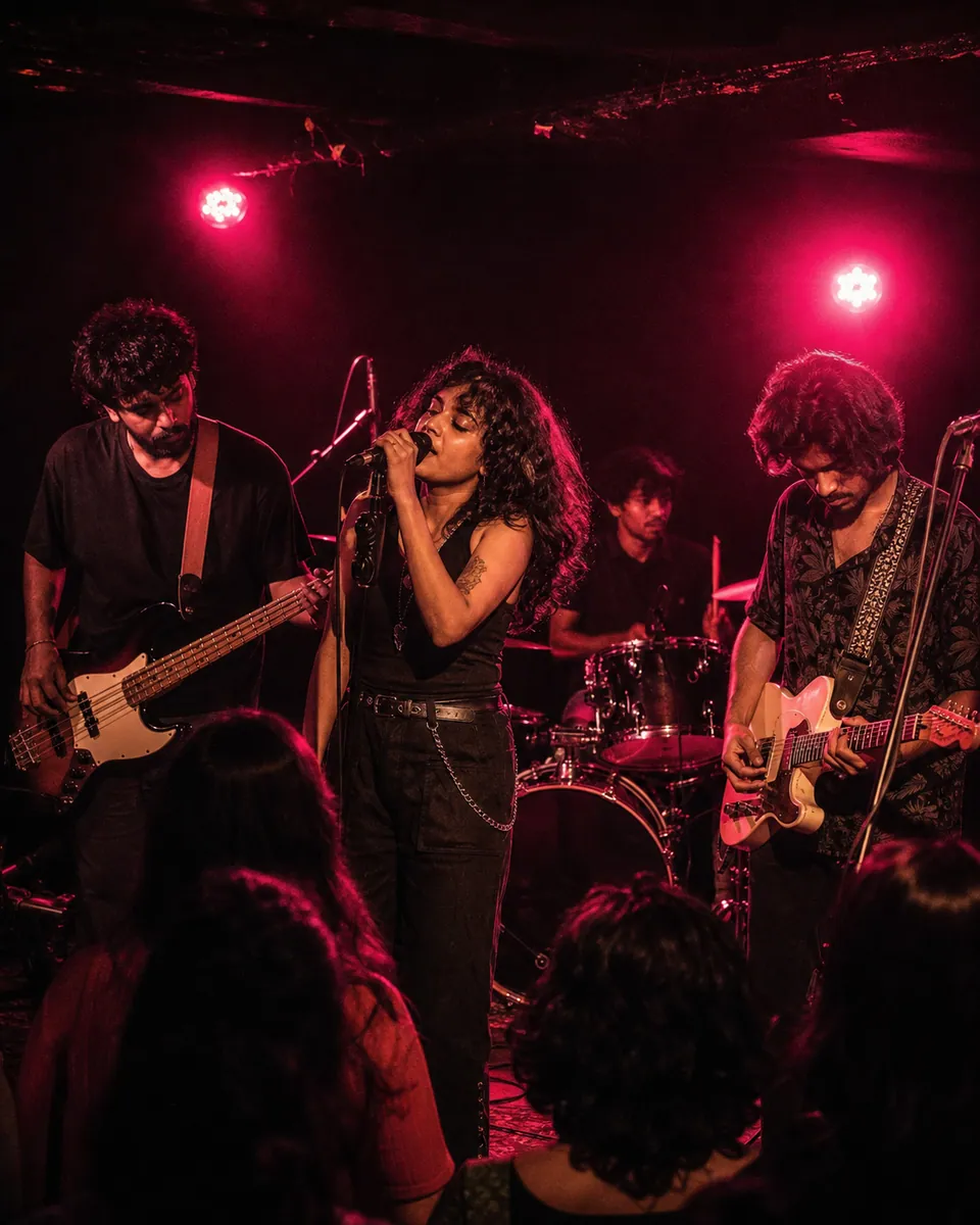 An independent band performing live under pink stage lights